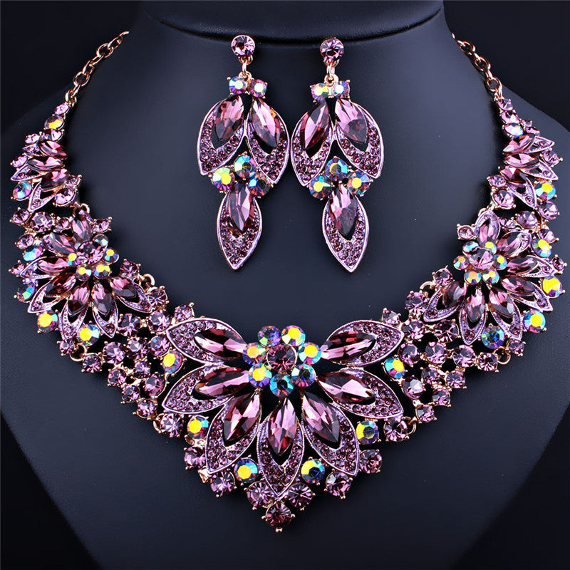 Flower Crystal Rhinestone Necklace Earrings Two-Piece Set