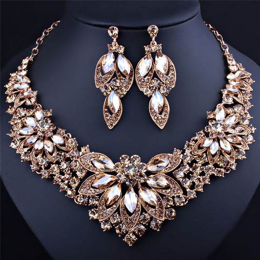 Flower Crystal Rhinestone Necklace Earrings Two-Piece Set