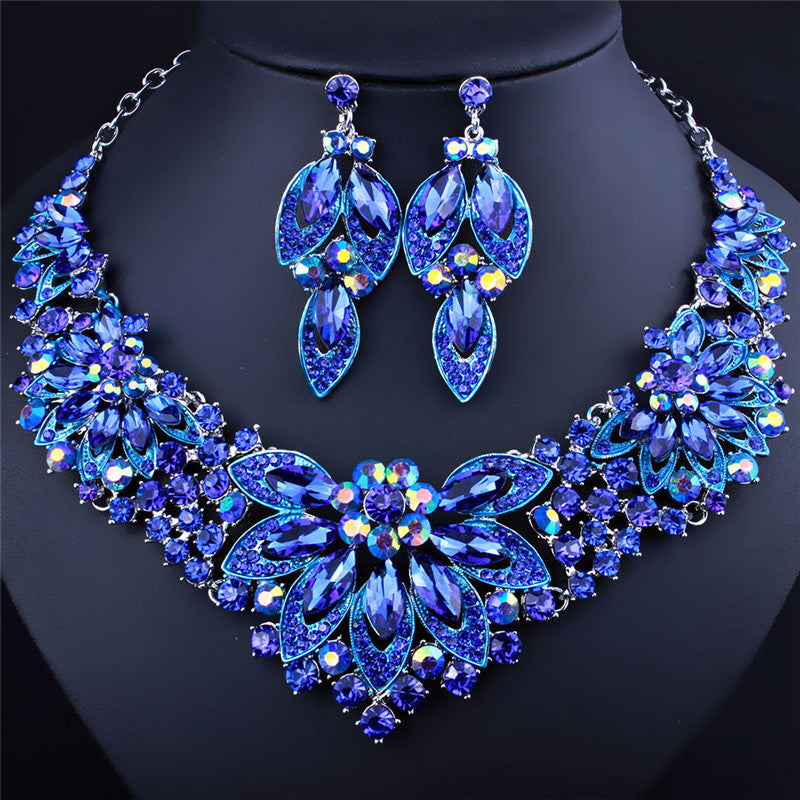 Flower Crystal Rhinestone Necklace Earrings Two-Piece Set