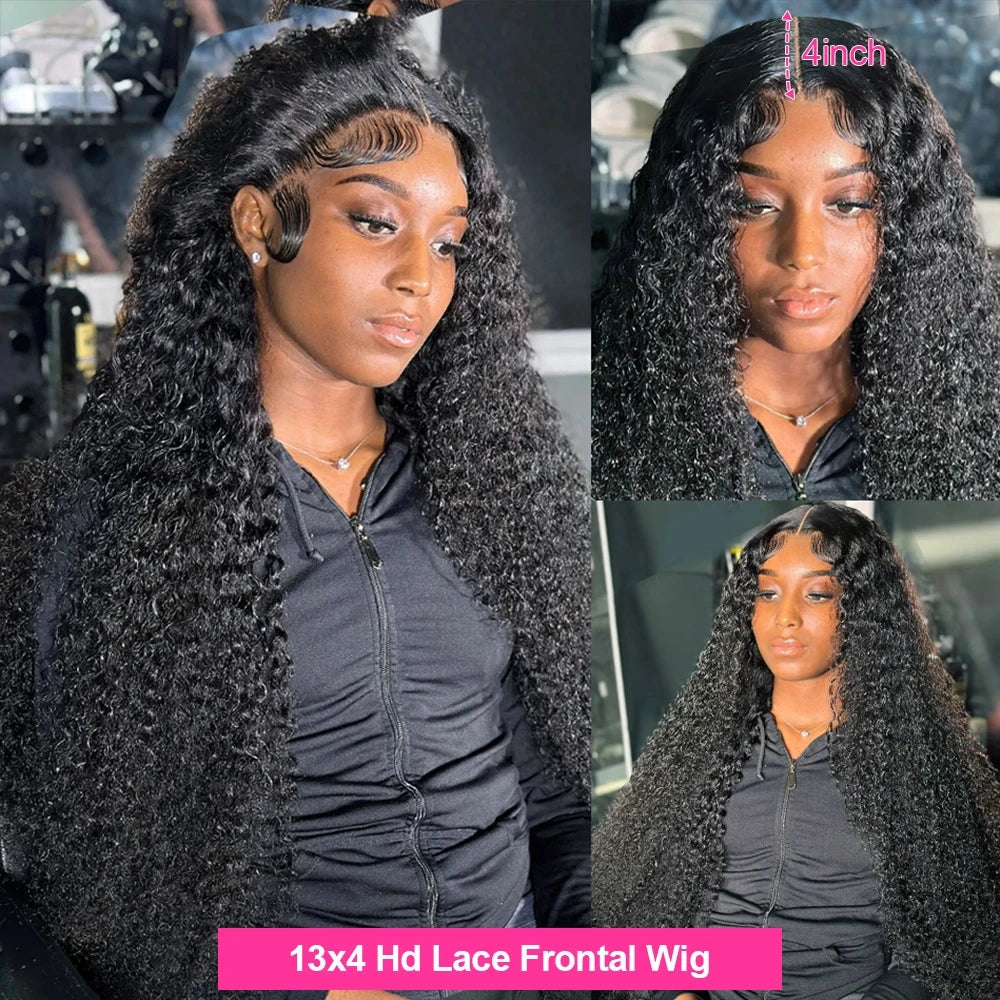 13x4 HD Transparent Lace Frontal Wig Deep Wave 180 Density Curly Human Hair Pre-Pulled Water Wave Front Wig Women Brazilian