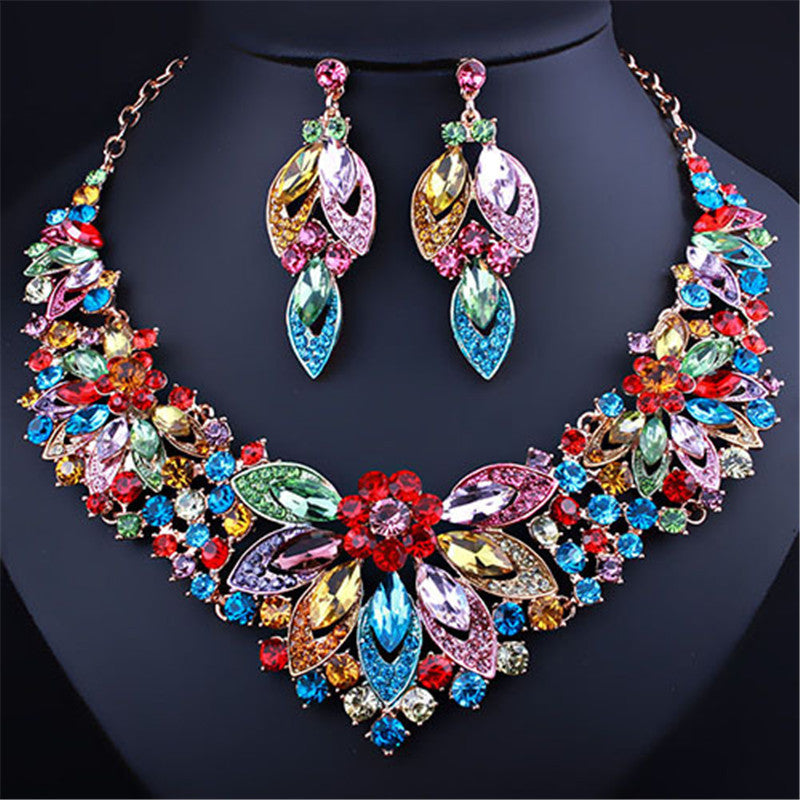 Flower Crystal Rhinestone Necklace Earrings Two-Piece Set